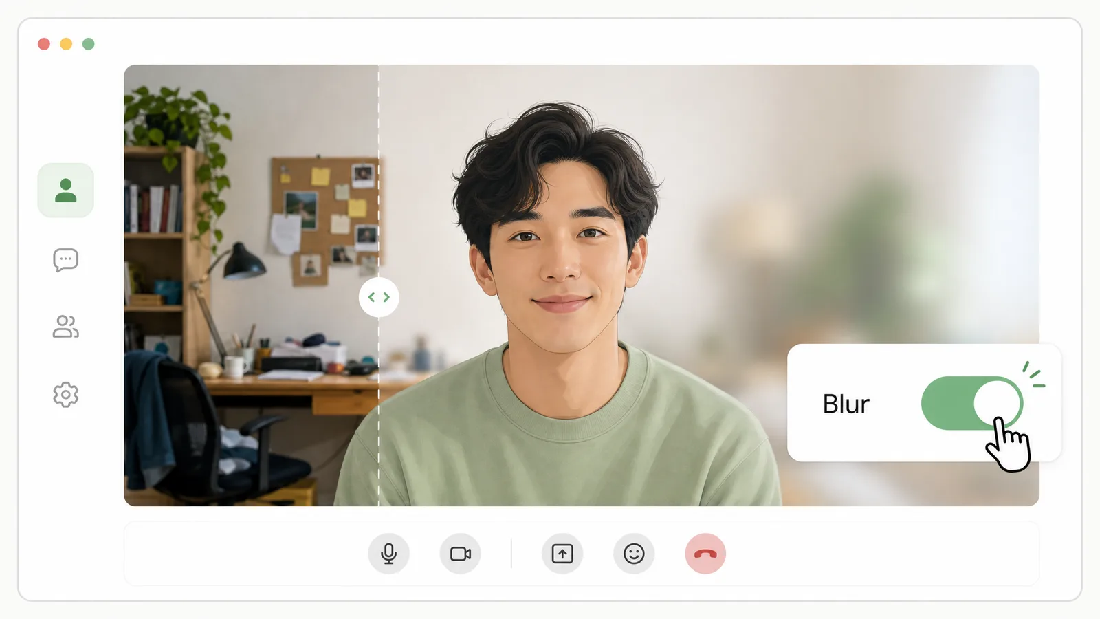 Illustration of the Zoom blur setting being toggled on a video call