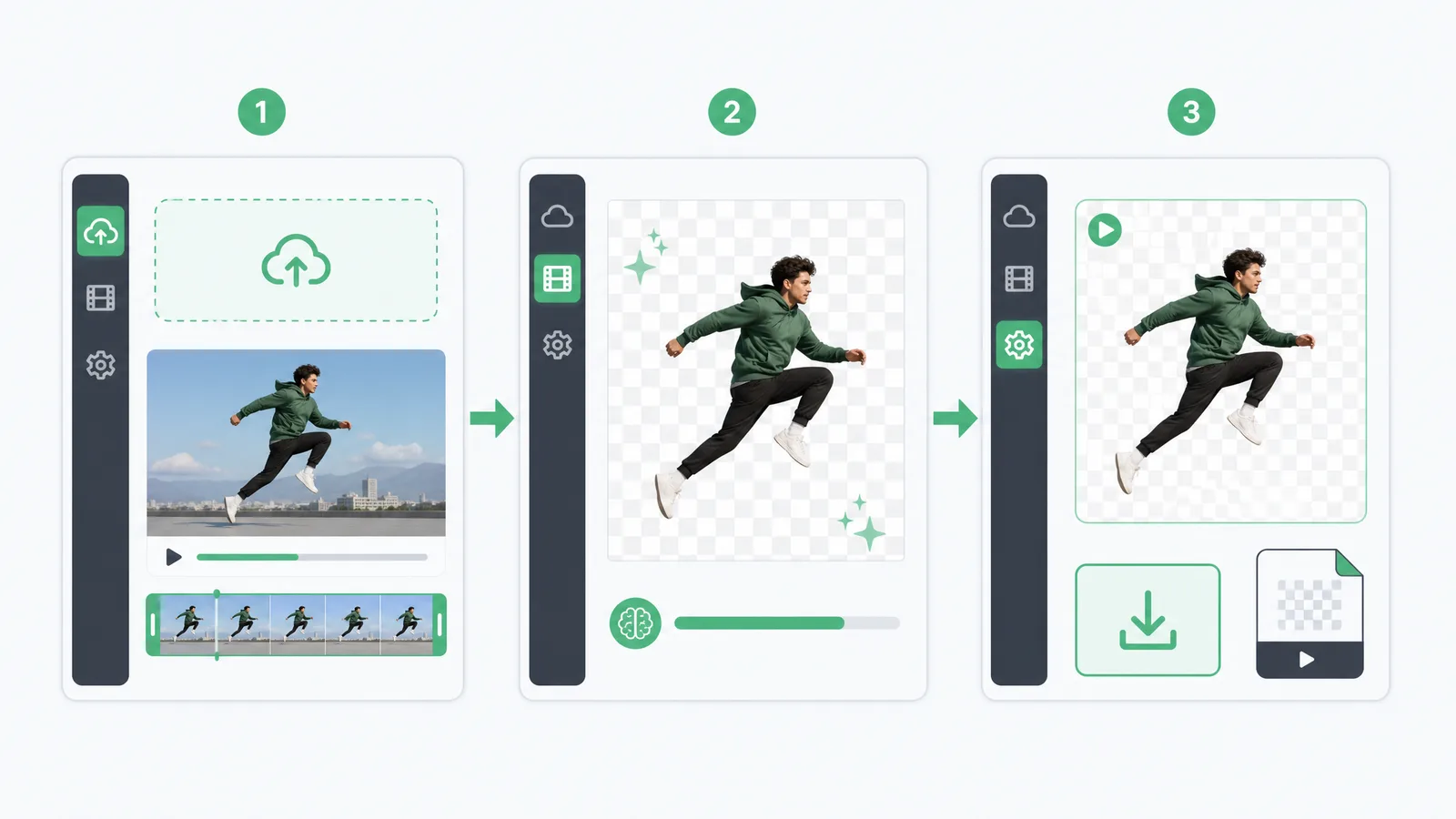 Illustration of an online transparent video maker removing a background and exporting an alpha video in three steps