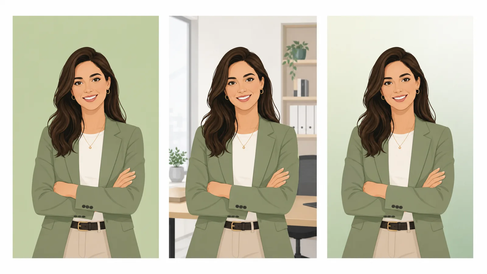 The same subject shown on three background options — a solid color, an office scene, and a soft gradient