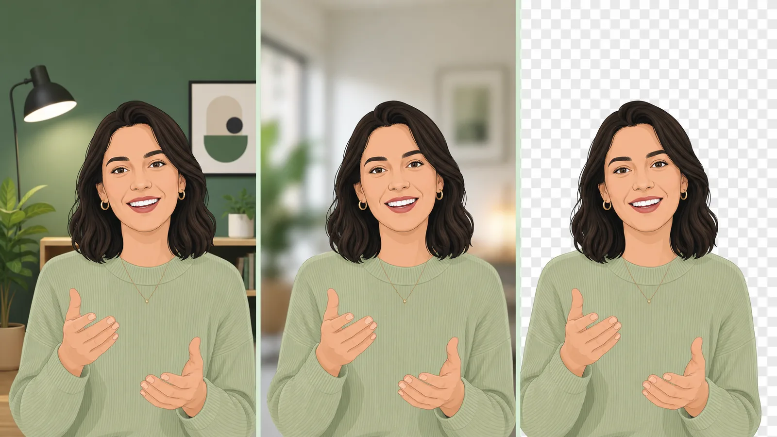 Three-way comparison showing the same clip with a changed background, a blurred background, and a removed transparent background