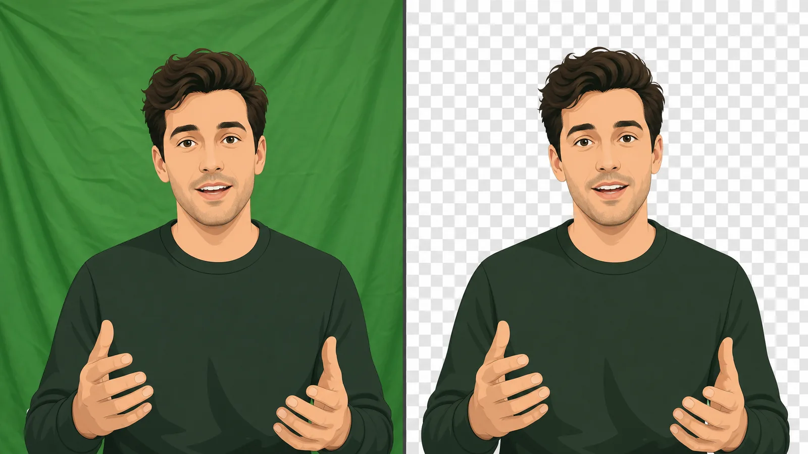 Side-by-side of a green screen clip and the same clip cleanly keyed onto a transparent checkerboard background