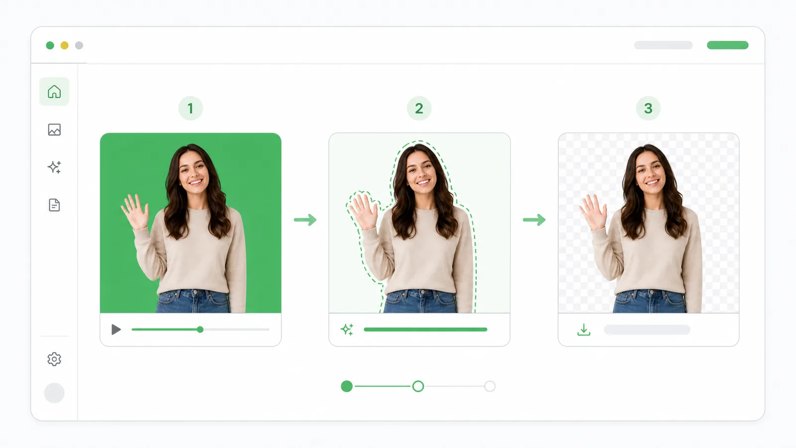 Illustration of an online green screen remover automatically keying out a green background in three steps