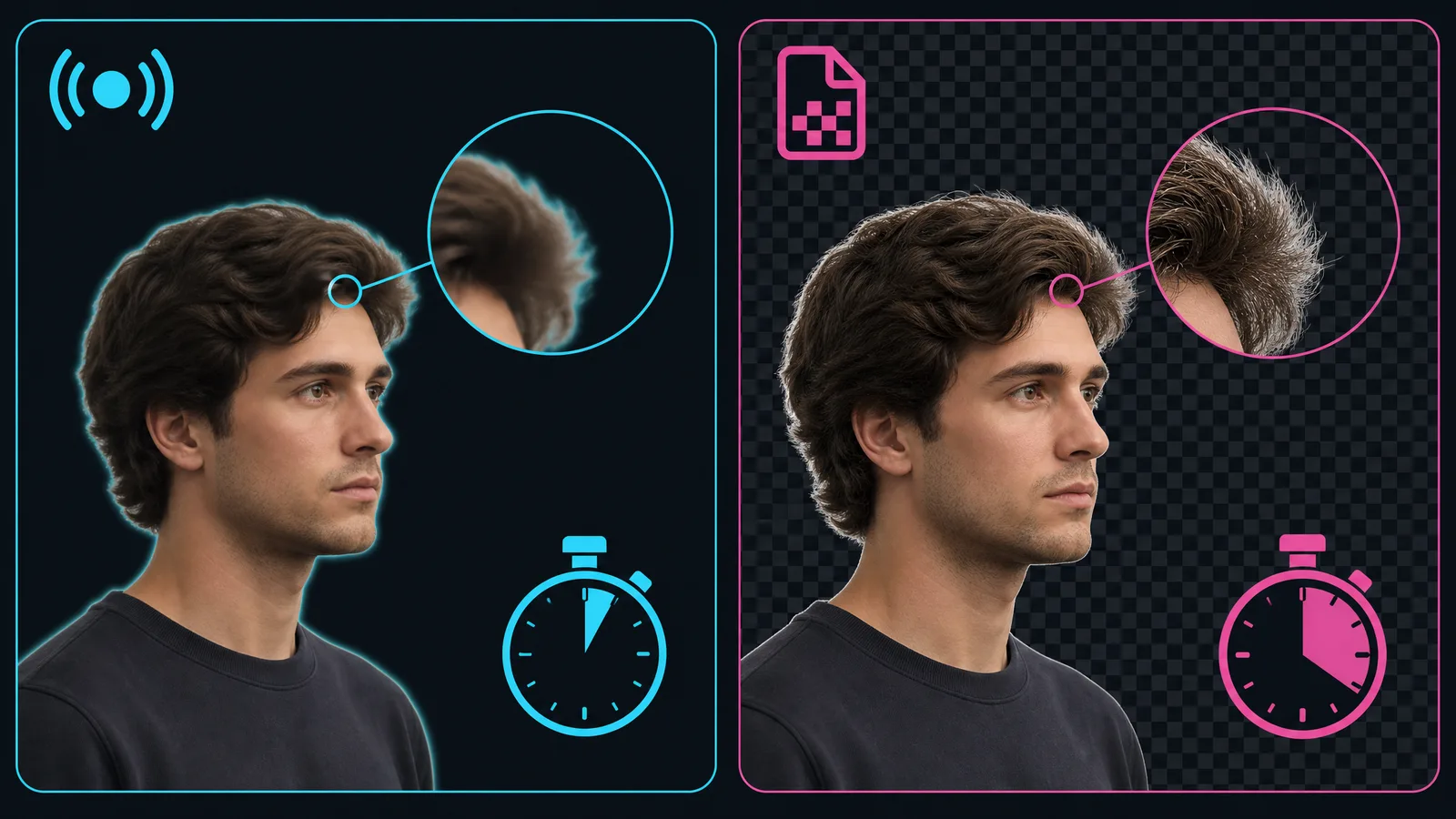 Real-time OBS segmentation compared with an offline matted cutout, showing the difference at the hair edge