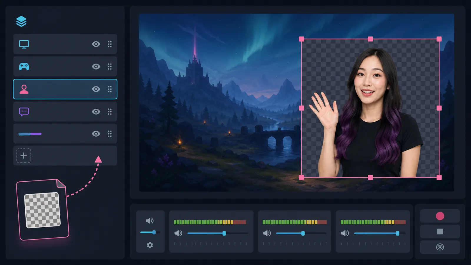 A transparent WebM overlay added as a media source in an OBS scene