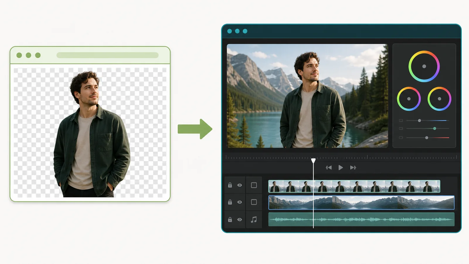 A transparent video export being imported back into a DaVinci Resolve timeline for grading and compositing