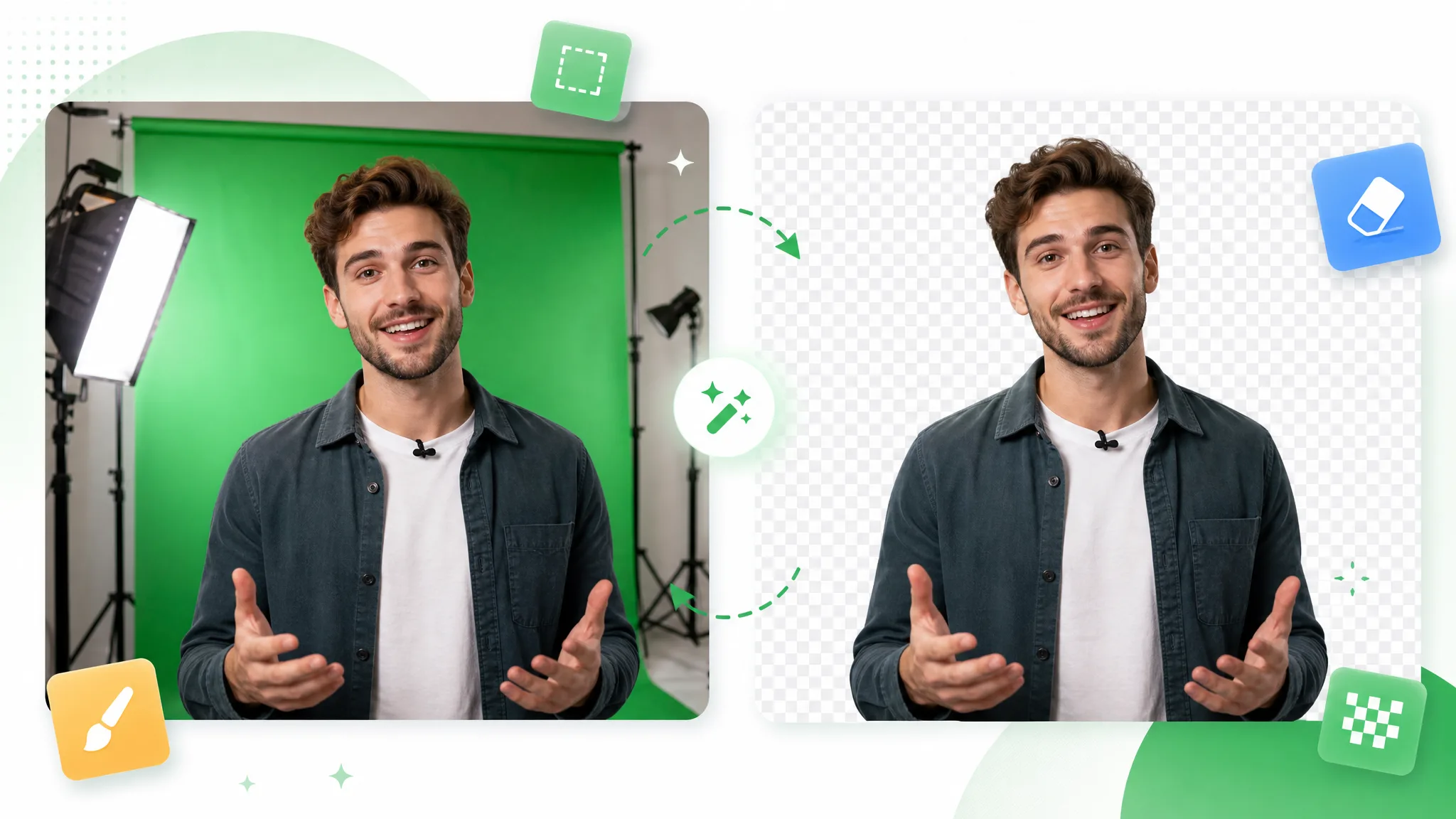 Chroma key removed from green screen footage, leaving a clean transparent cutout.