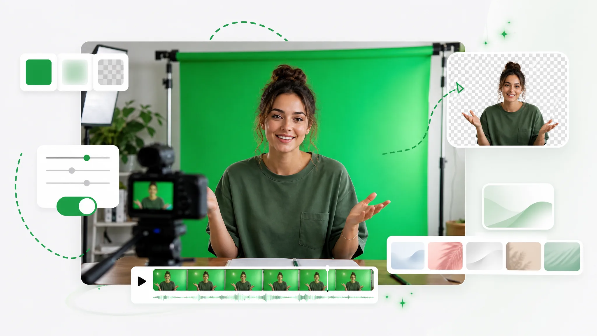 A person filming in front of a green screen for green screen video production.