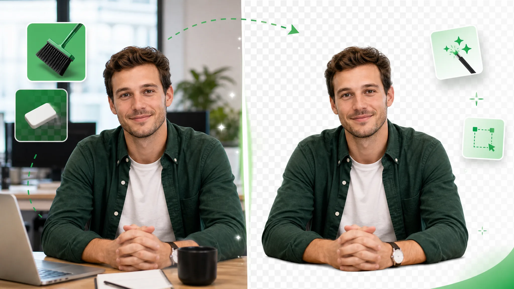 Erasing a video background to leave the subject on a clean transparent checkerboard.